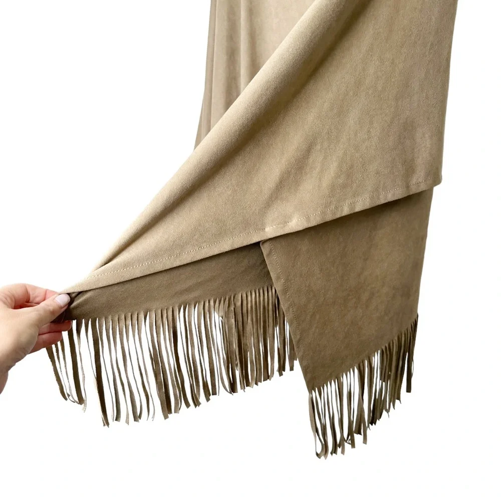 Karen Kane Faux Suede Tan Fringe Cape Large - Picture 8 of 12
